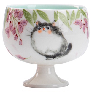 仿宋高足茶杯纯手绘猫咪茶杯单杯功夫茶具陶瓷品茗杯女士主人杯