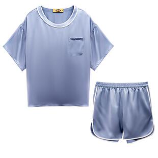 美标真丝睡衣女夏季100%桑蚕丝家居服套装丝绸圆领套头短袖