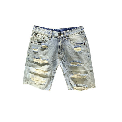 2026夏季男士5分短裤日系复古水洗破洞乞丐个性直筒五分牛仔中裤