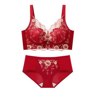 古今安可拉红色本命年聚拢文胸女刺绣小胸显大内衣内裤套装结婚