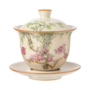 汝窑春燕清风盖碗茶杯单个精致高档米黄汝瓷三才茶杯防烫手泡茶碗