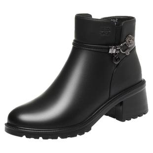 木林森2025新款冬季保暖粗跟软底高帮棉鞋短靴加绒女鞋羊毛妈妈鞋