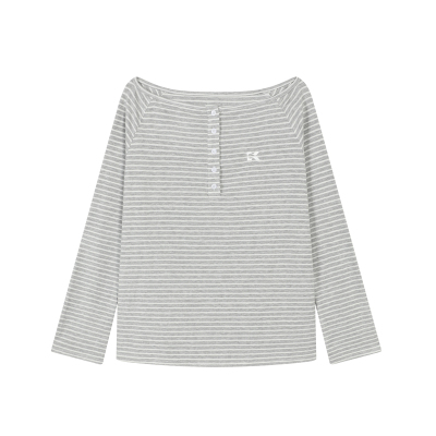 KSXN条纹斜肩亨利领宽松长袖T恤