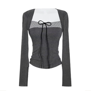 VCR STUDIO 复古纯欲风假两件上衣拼接长袖T恤女春波点条纹打底衫