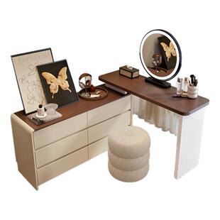 2025新款卧室梳妆台斗柜一体实木化妆桌简约现代胡桃木中古奶油风