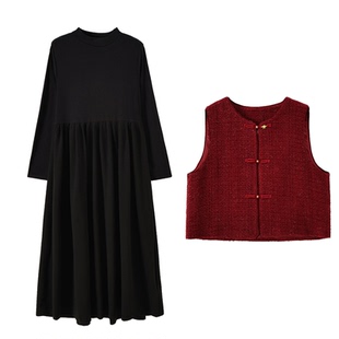 新中式连衣裙2025冬季新款220斤胖mm大码气质显瘦马甲长裙两件套