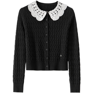 BANANA BABY2026年春新款甜美法式钩花娃娃领毛衣女撞色针织开衫