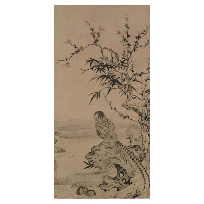 元 王渊 桃竹锦鸡图 古代名家工笔花鸟国画竖幅画微喷复制装饰画