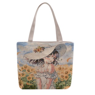 新款帆布包双面金丝提花绣手拎包迷你可爱手机包便携百搭手提小包