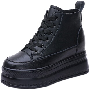 黑色内增高女鞋春秋小个子10cm8cm厚底百搭显高真皮松糕跟高帮鞋