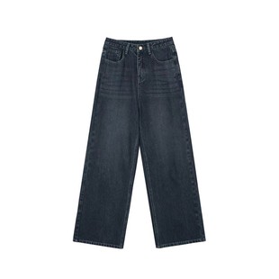 蓝灰色高腰直筒牛仔裤女冬季加绒胖mm大码宽松显瘦梨形身材阔腿裤