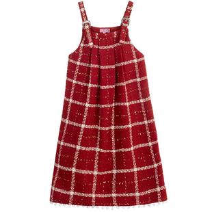 KEIKO 洋气减龄红色格纹花呢连衣裙秋冬新年穿搭复古显瘦背带裙
