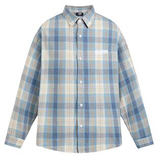 404MOB秋季复古薄款蓝白格子长袖衬衫男刺绣宽松休闲纯棉百搭外套