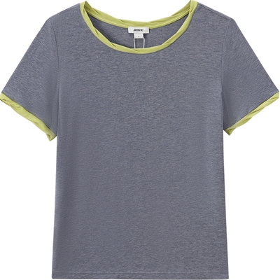 JASON WU25新款莱赛尔撞色扭转拼接修身短袖T恤上衣