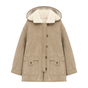 Basic House/百家好仿麂皮羊羔毛外套女复古翻领皮毛一体保暖大衣