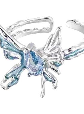 海蓝色蝴蝶戒指女小众设计级感时