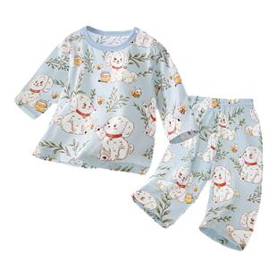 宝宝分体套装夏季薄款长袖纯棉幼儿童家居服九分裤婴儿衣服空调服