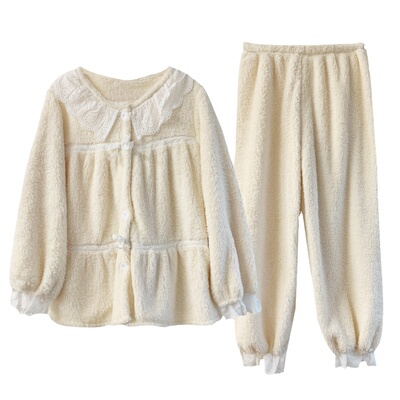 女珊瑚绒纯棉花边甜美保暖