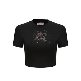 [甄选4折]NanaJacqueline明星同款短袖T恤圆领玫瑰钻饰短上衣女春