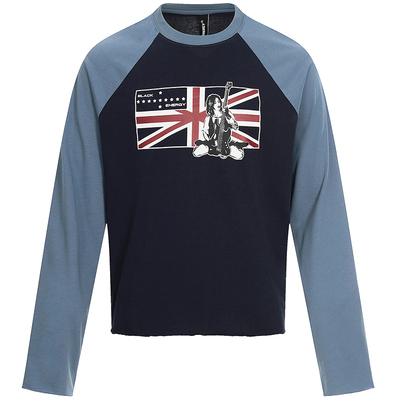 原创美式潮牌撞色印花长袖T恤女