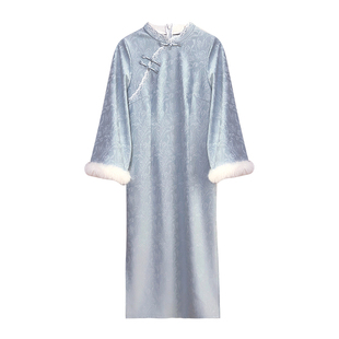 望舒【自制款】加绒版~蓝色小清新冬季显白大码胖mm旗袍连衣裙女