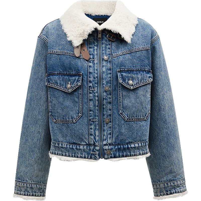 【爆款】ONLY2025冬季新款复古帅气翻领毛绒拼接保暖夹棉牛仔外套