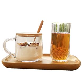 玻璃杯ins花茶杯早餐杯带盖勺牛奶杯家用咖啡啤酒杯托盘套装简约