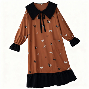 猫人带胸垫睡裙女春秋款纯棉长袖2025新款秋冬孕妇长款睡衣可外穿