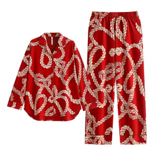 悦内睡衣女款春秋季纯棉长袖大码宽松开衫家居服可外穿红色本命年