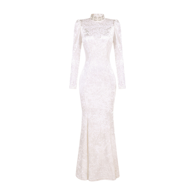 XULU原创进口钻石绒拼接蕾丝鱼尾裙腰部镂空半高领订钻长袖连衣裙