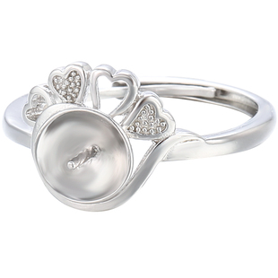 S925纯银小爱心戒指空托女时尚简约网红款银托镶玉石圆珠珍珠戒托