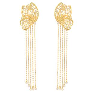 蝴蝶流苏珍珠银鎏金耳钉非遗花丝镂空新中式国风长款纯银耳环耳坠