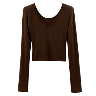 v领超好看长袖t恤女正肩早秋2025新款超低u领上衣薄打底衫可外穿