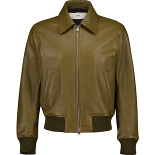 AMI PARIS 男士橄榄绿翻领拉链皮衣 2025秋冬新款 意大利代购正品