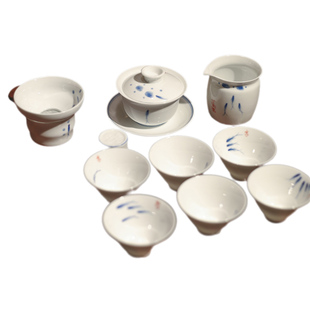 一九茶舍 景德镇纯手绘青花盖碗茶具套装10入 三鱼图陶瓷斗笠杯组