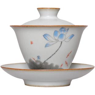 容山堂官窑盖碗茶杯套装彩绘青花三才茶碗功夫茶具家用白瓷泡茶杯