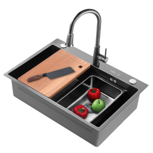 墨林不锈钢手工水槽厨房洗菜盆大单槽双阶梯纳米洗碗槽家用水池