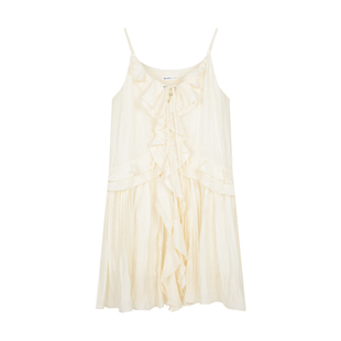 BLUEerror 荷叶边绑带v领吊带连衣裙女花边无袖长裙夏季海边裙子