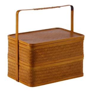 竹编提篮复古食盒双层三层糕点月饼礼盒篮茶具收纳盒结婚礼品喜盒