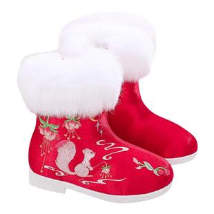 高档女童汉服鞋冬加绒加厚绣花中国风真皮毛领唐装古装雪地靴子