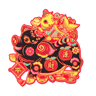 2026肥猪拱门春节过年窗花剪纸门贴绒布洒金天津黑猪金猪拱门年画