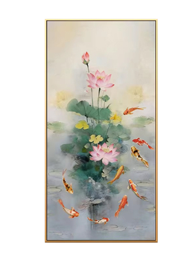 手绘油画现代轻奢高级感走廊过道挂画睡莲九鱼图玄关装饰画大芬村