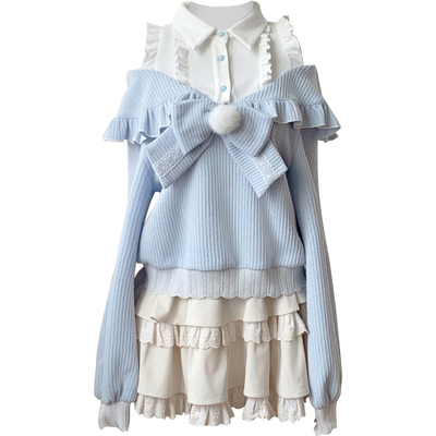 啦啦酱 兔绒绒 原创设计奈奈风水色甜美可爱风百搭秋冬款露肩毛衣