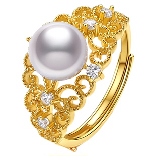 Meluxe美奈银镶akoya海水珍珠戒指蕾丝设计复古小众