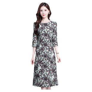 埃伦薄款七分袖连衣裙2024夏季新款棕绿花修身显瘦优雅气质减龄裙