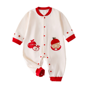 婴儿纯棉连体衣宝宝哈衣百天秋冬款中国风长袖爬服男满月宝宝衣服