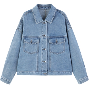 太平鸟牛仔蓝宽松jing典牛仔外套女秋装简约牛仔衣短外套