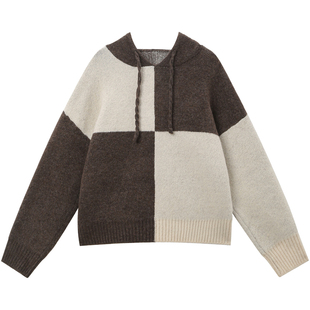 无谓韩式文艺2025秋季新款女装宽松打底针织衫撞色休闲连帽毛衣女