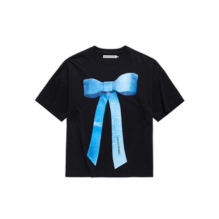 IIIVIVINIKO2025秋新款全棉浪漫蝴蝶结胶印正肩T恤女M530525384B