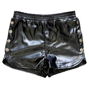 2023新款侧边纽扣皮短裤外贸高腰纯色开叉休闲裤钢管舞弹力大码女
